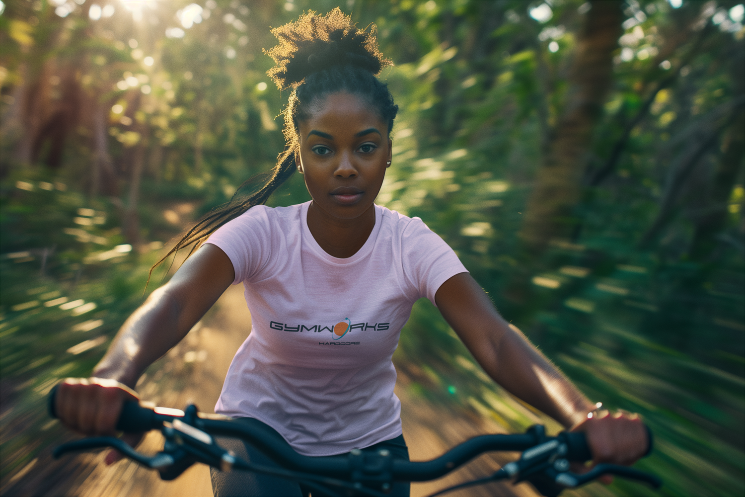 A woman rides a bicycle outdoors in a spring forest. She is dressed in Gimworks Hardcore Wear sports gear.