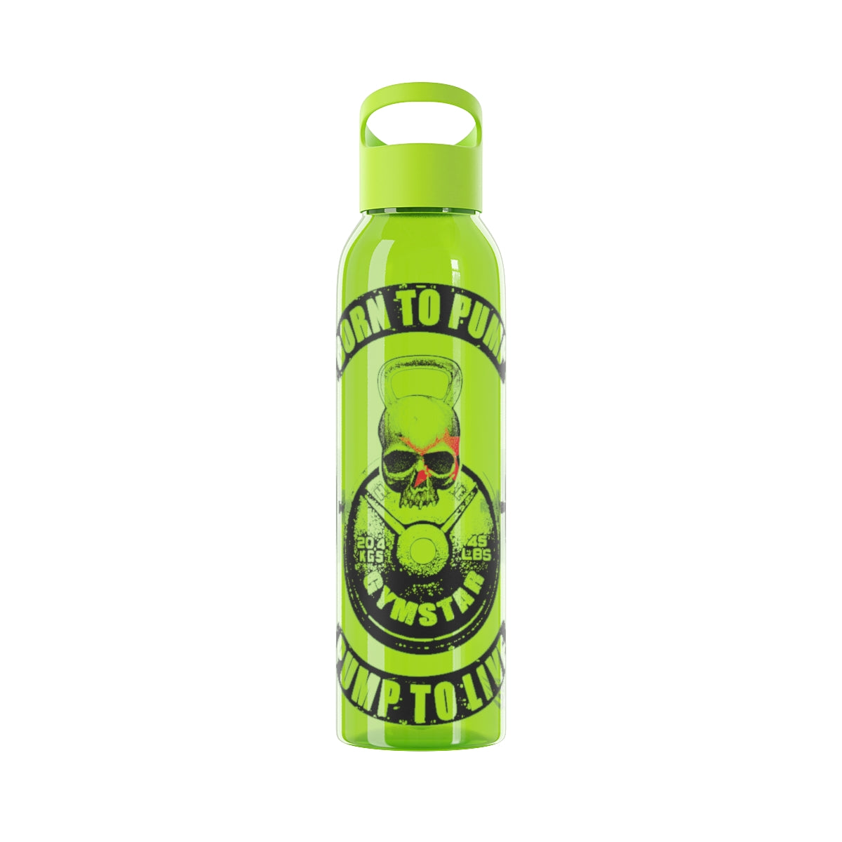 Grüne Aluminium-Wasserflasche mit dem Gymstar-Logo und einem motivierenden „Born to Pump, Pump to Liv“-Design.