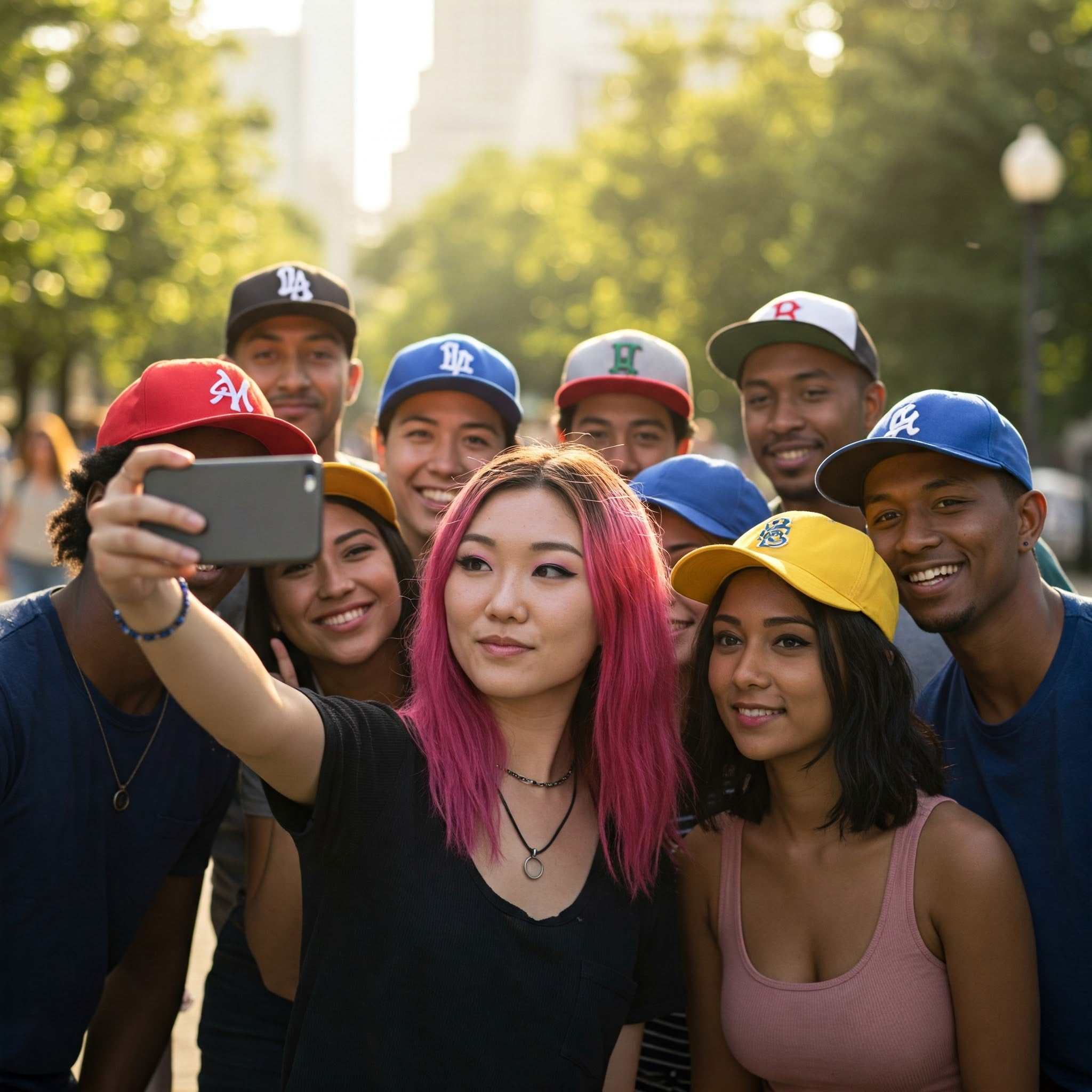 Eine Gruppe Teenager macht ein Selfie im Park. Alle tragen Baseballkappen, verschiedene Modelle und Farben.