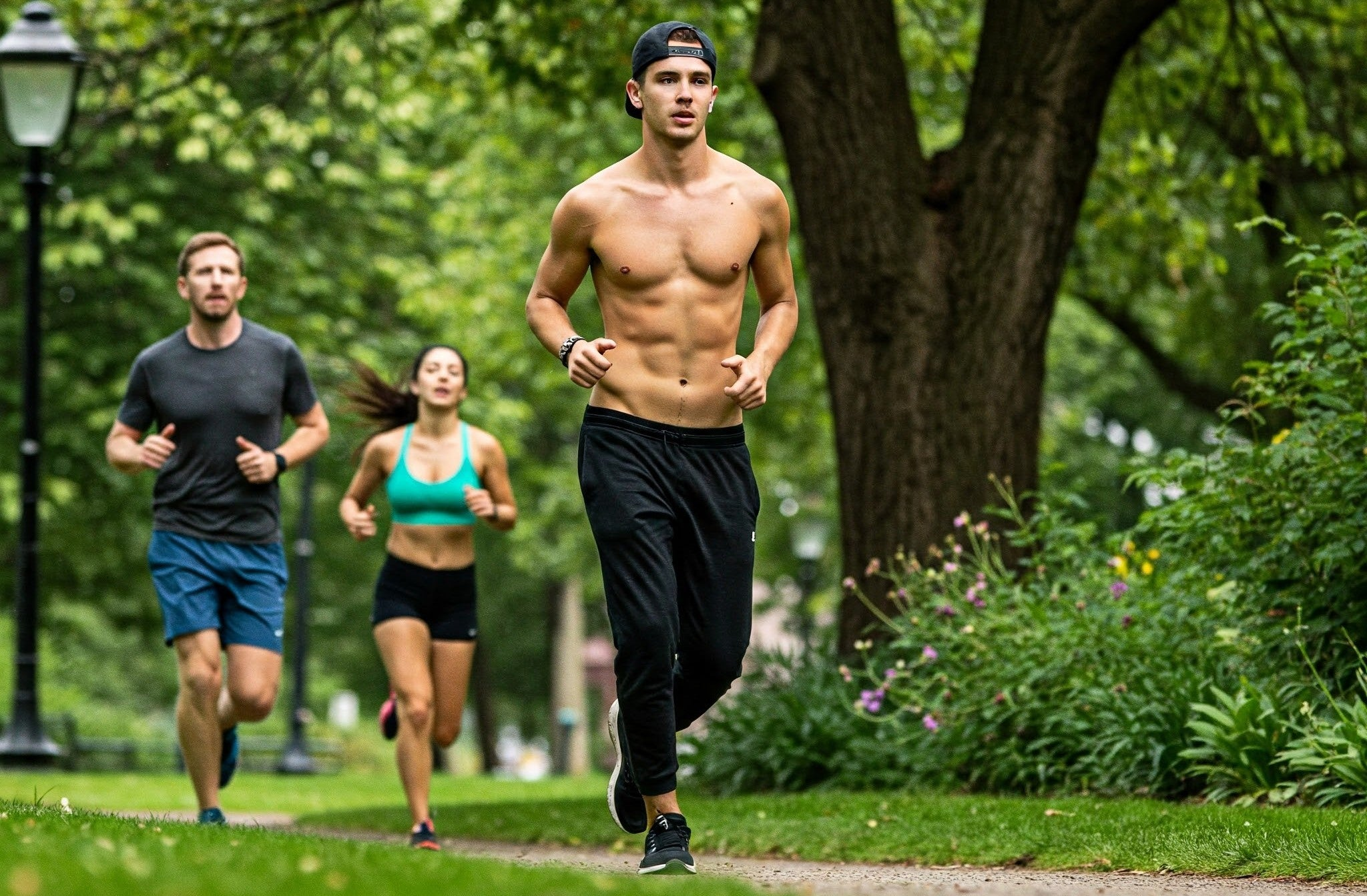 Ein junger Mann läuft in einem Park. Er trägt kein Hemd und eine schwarze Jogginghose. Die Gestalt einer Frau, die ihm ebenfalls hinterherläuft, und die Gestalt eines Mannes, der Sportshorts und ein T-Shirt trägt.