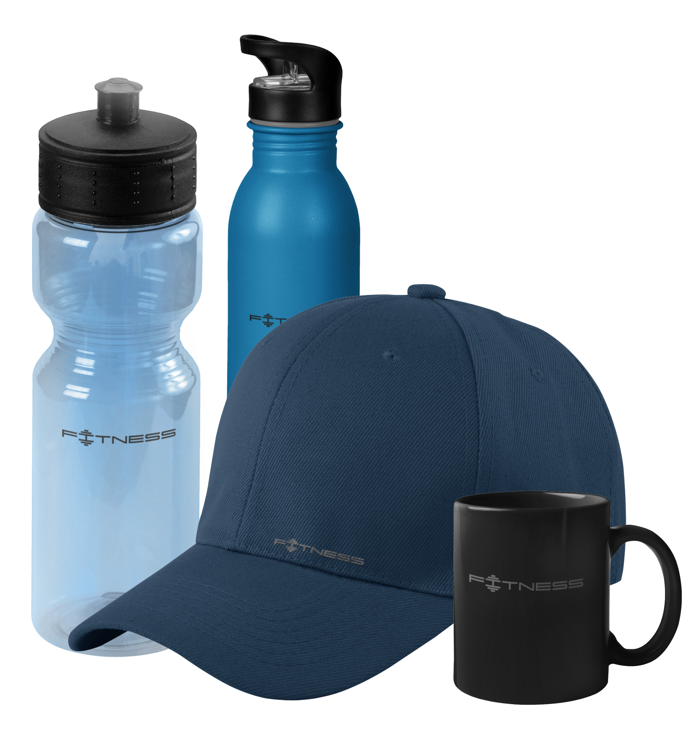 Als Fitnesszubehör werden eine Plastikwasserflasche, ein Baseballcap, eine Aluminiumwasserflasche und ein Becher präsentiert.