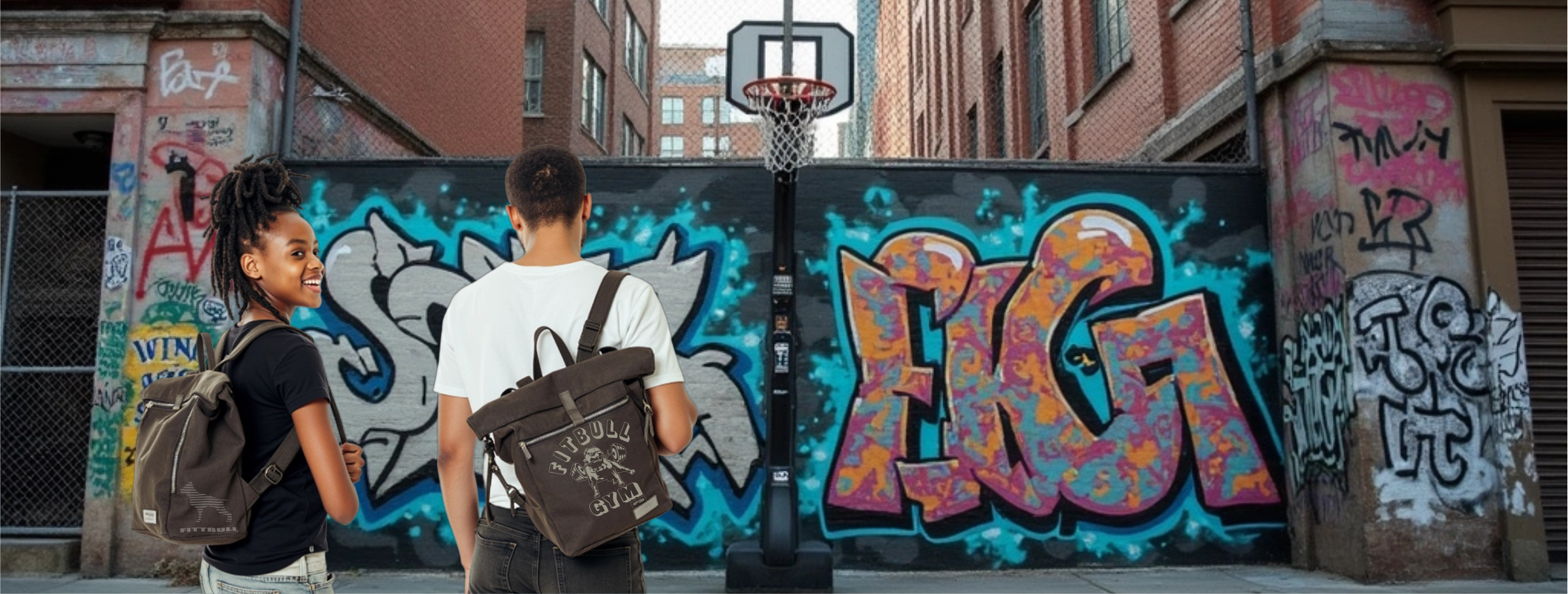 Ein Mädchen und ein Junge stehen vor einem Basketballkorb auf einem mit Graffiti bemalten Stadtspielplatz. Sie führen Rucksäcke der Marke Fitbull. Sie tragen einen Basketball und machen sich bereit, Basketball zu spielen.