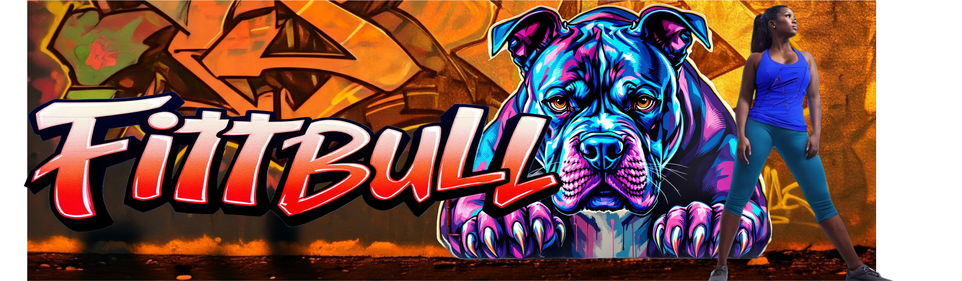 A young African-American girl is wearing a sporty, blue, branded tank top from the sportswear brand Fitbull. She is standing straight, in a defiant pose, against the backdrop of an urban, graffiti-painted basketball court.