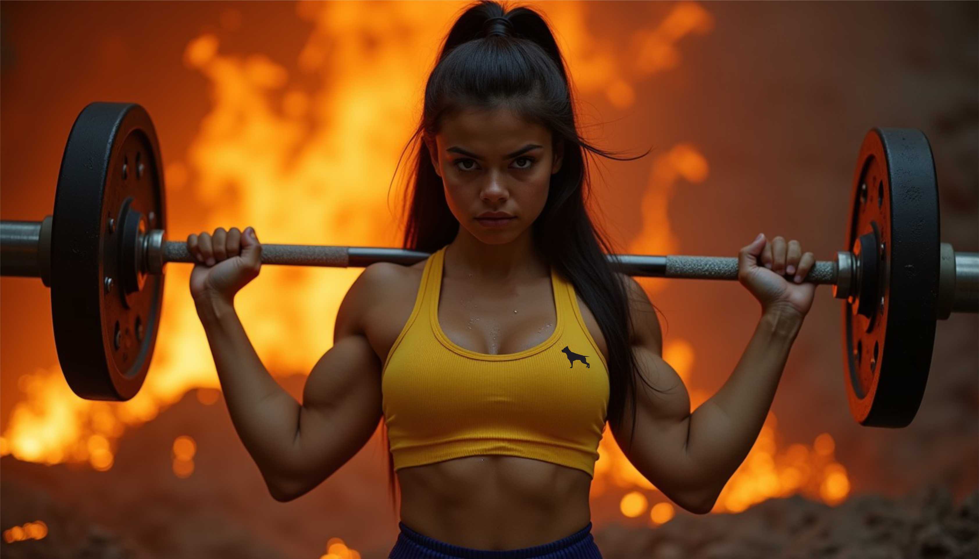 Eine junge Bodybuilderin in FITBULL-Sportbekleidung hält vor einem Hintergrund aus Palmen eine Langhantel auf ihren Schultern.