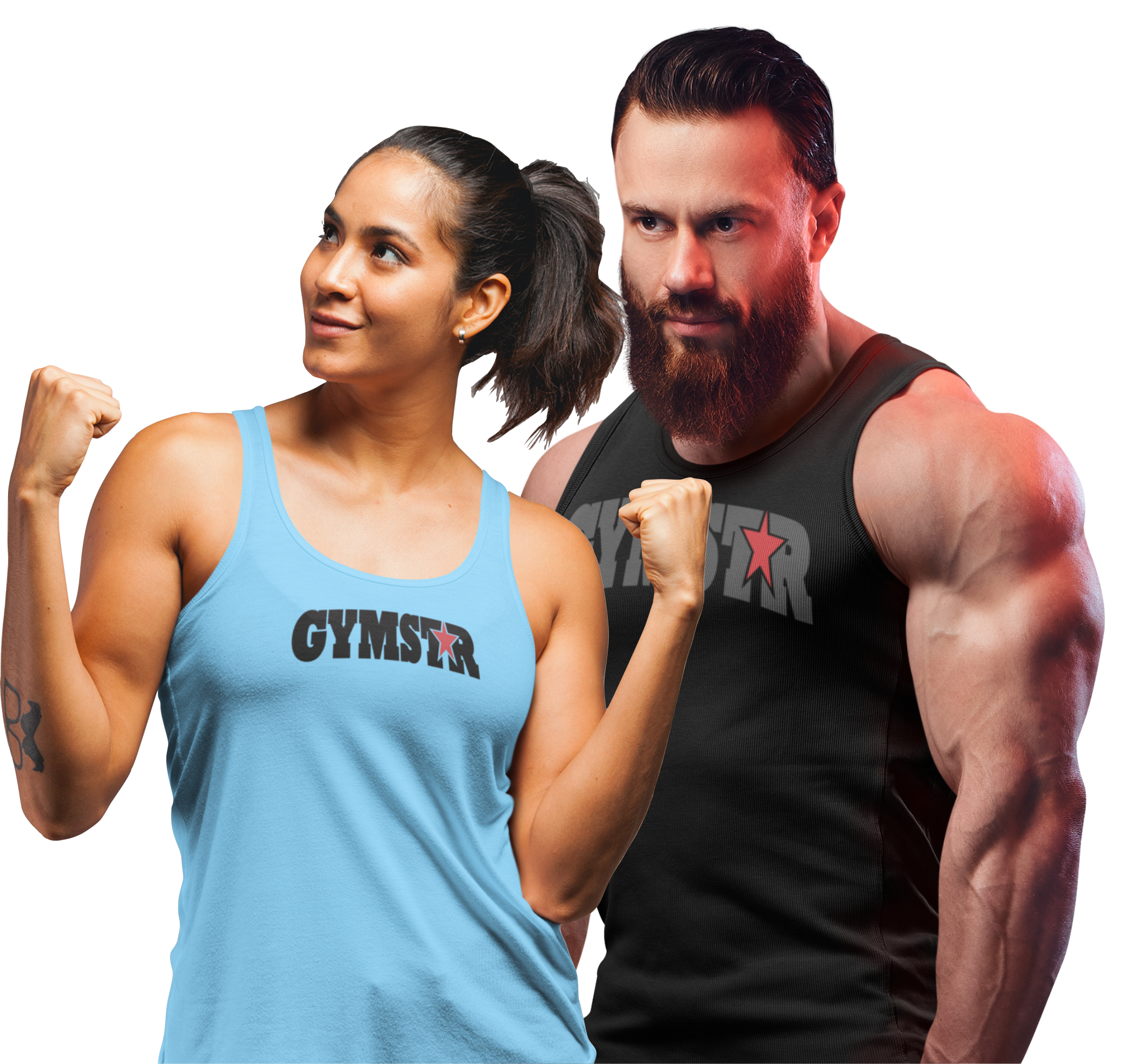 Männliche und weibliche Bodybuilder posieren für ein Foto in Tank Tops der Marke Gymstar.
