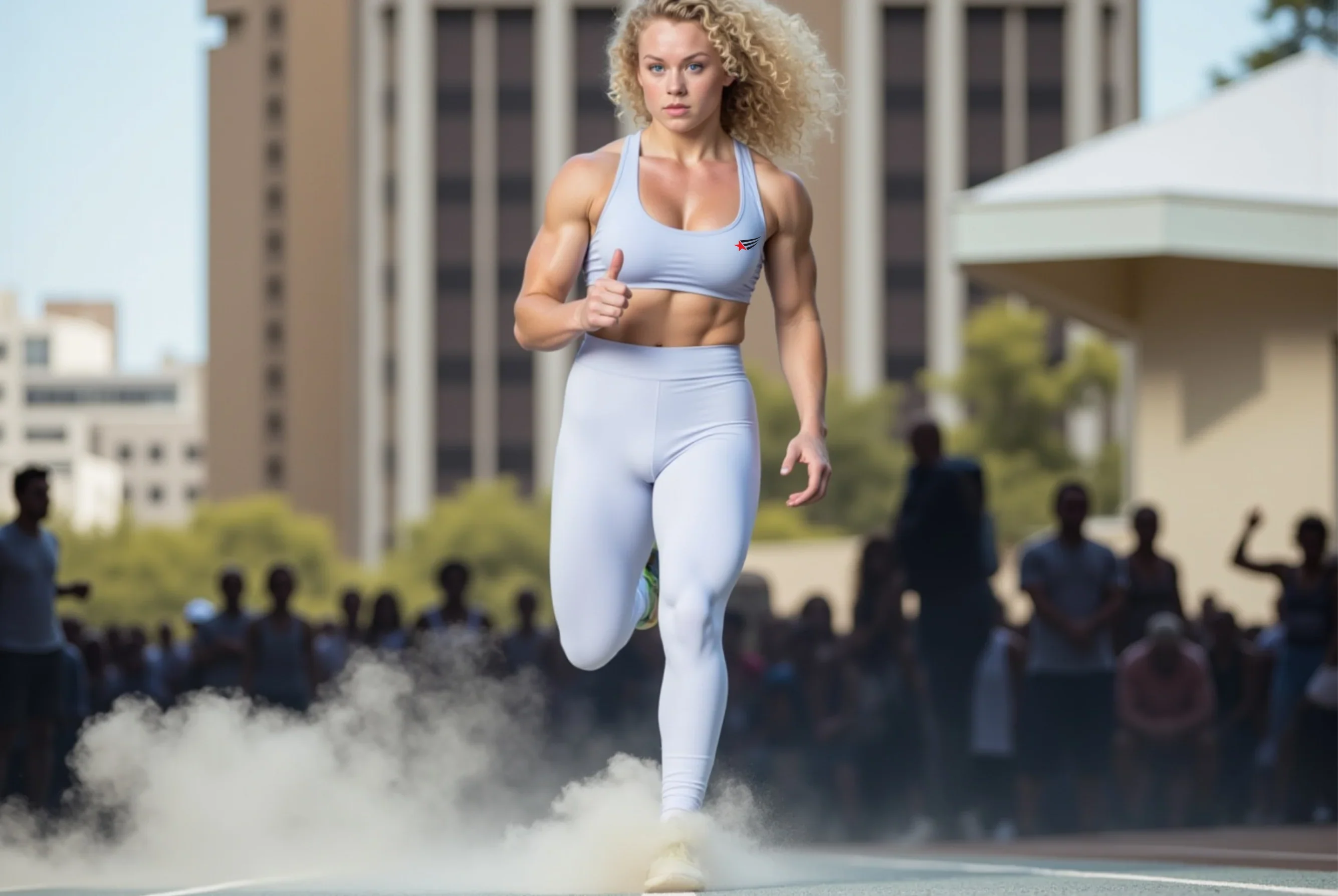 Eine junge Frau in Leggings und einem GIMSTAR-Sport-BH läuft einen Marathon in der Stadt.