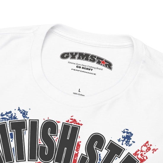 Close-up of a white crewneck t-shirt showing the inner neck label with 'GYMSTAR' branding and the top of a graphic print in black, red, and blue.