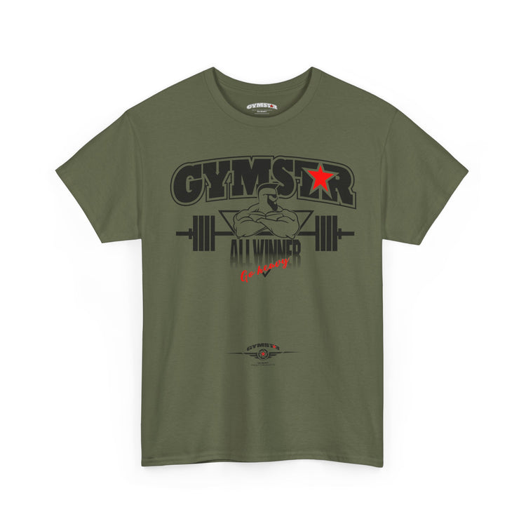 Green t-shirt with 'GYMSTAR' graphic design on a white background