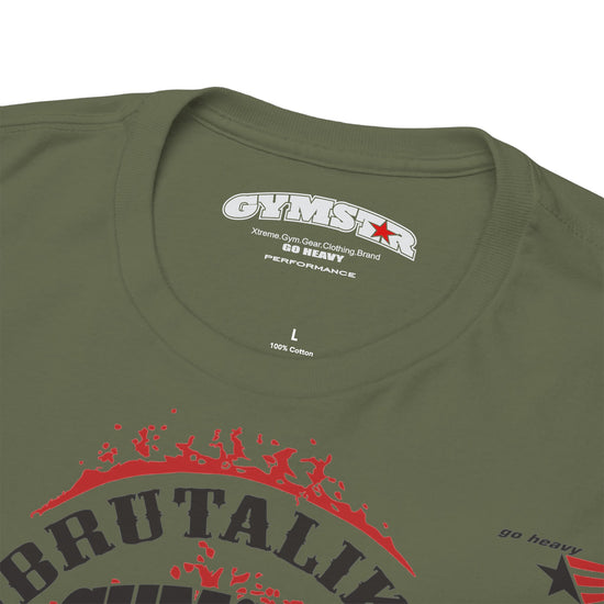 Close-up of an olive green t-shirt neck label and upper chest area, showing the 'GYMSSTAR' brand logo printed inside the collar and a red and black graphic design below.