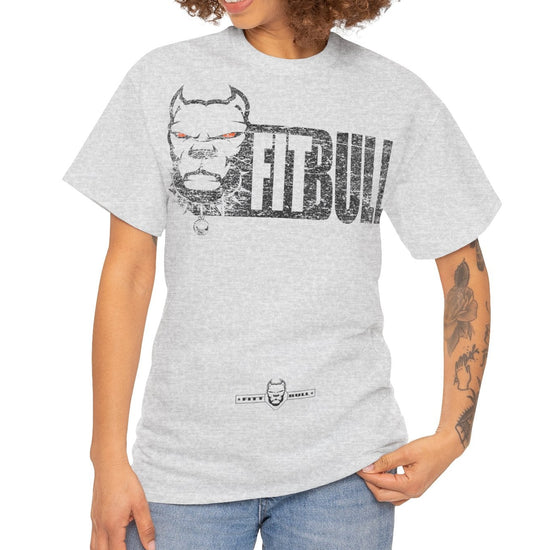Woman wearing a grey Fitbull t-shirt with a graphic design and text on a white background
