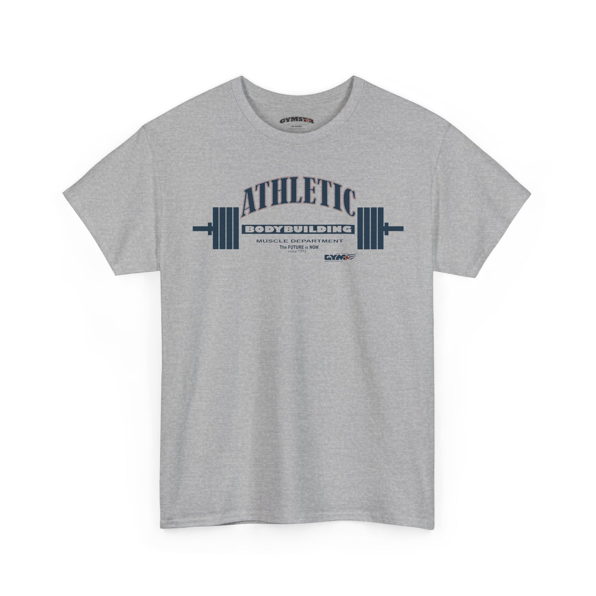 Gray Gymstar t-shirt with 'Athletic Bodybuilding' text and barbell graphic on a white background