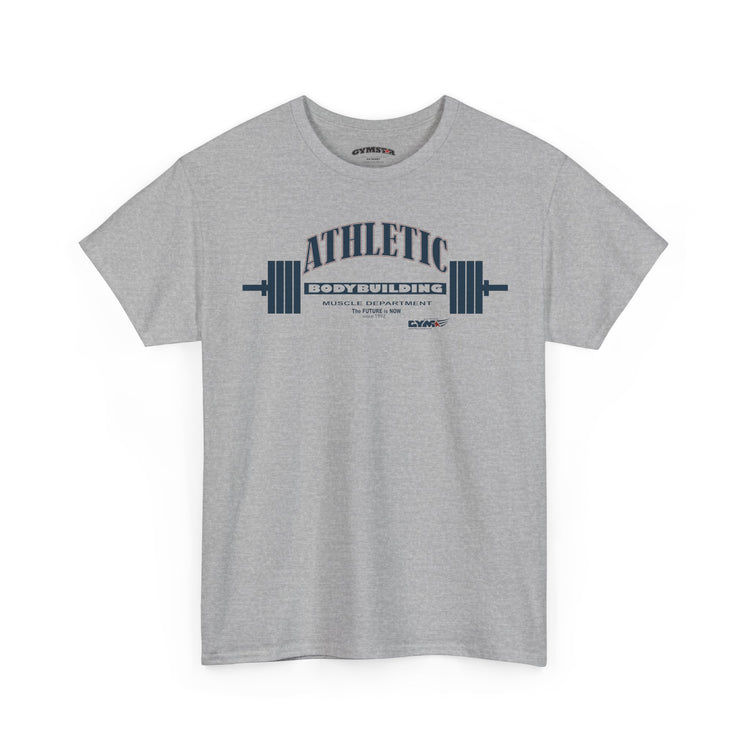 Gray Gymstar t-shirt with 'Athletic Bodybuilding' text and barbell graphic on a white background