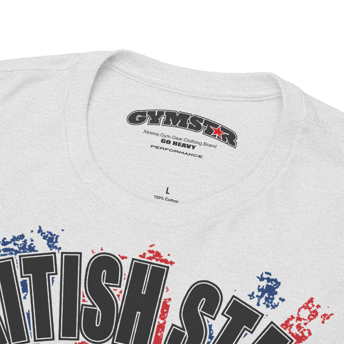 Close-up of a light heather gray t-shirt showing the inner neck label with 'GYMSTAR' branding and the top of a graphic print in black, red, and blue.