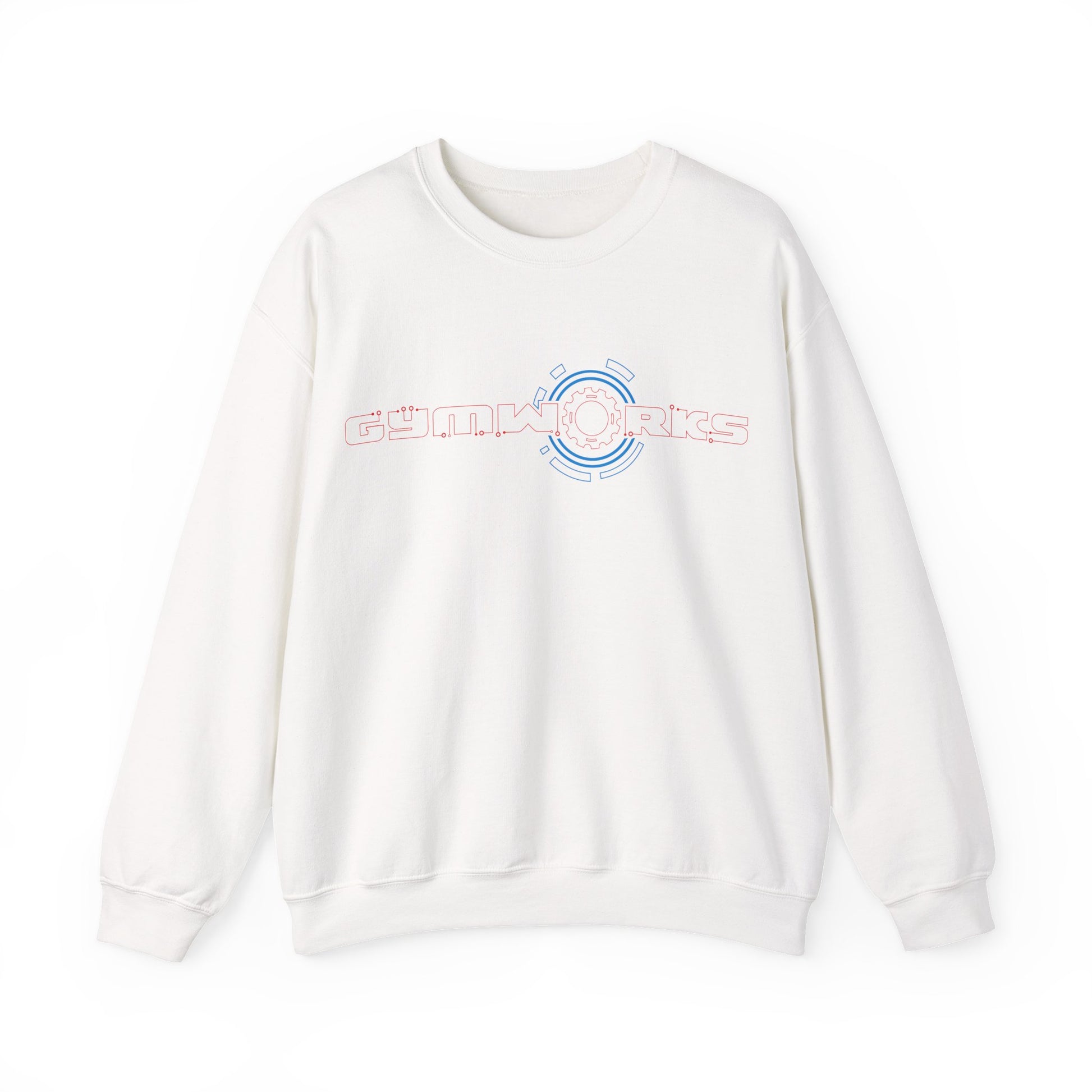 White Gymworks sweatshirt with a colorful logo on a white background