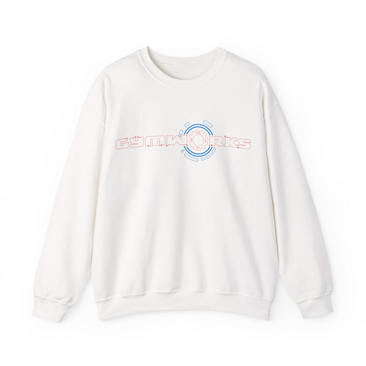 White Gymworks sweatshirt with a colorful logo on a white background