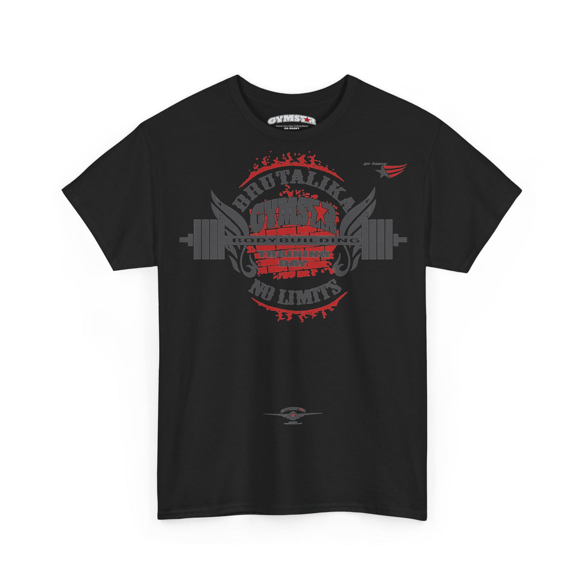 A black short-sleeve crewneck t-shirt with a red and gray graphic on the front featuring a barbell, wings, and the text 'BRUTALIKA NO LIMITS'. The brand name 'GYMSTAR' is visible on the inner neck label.