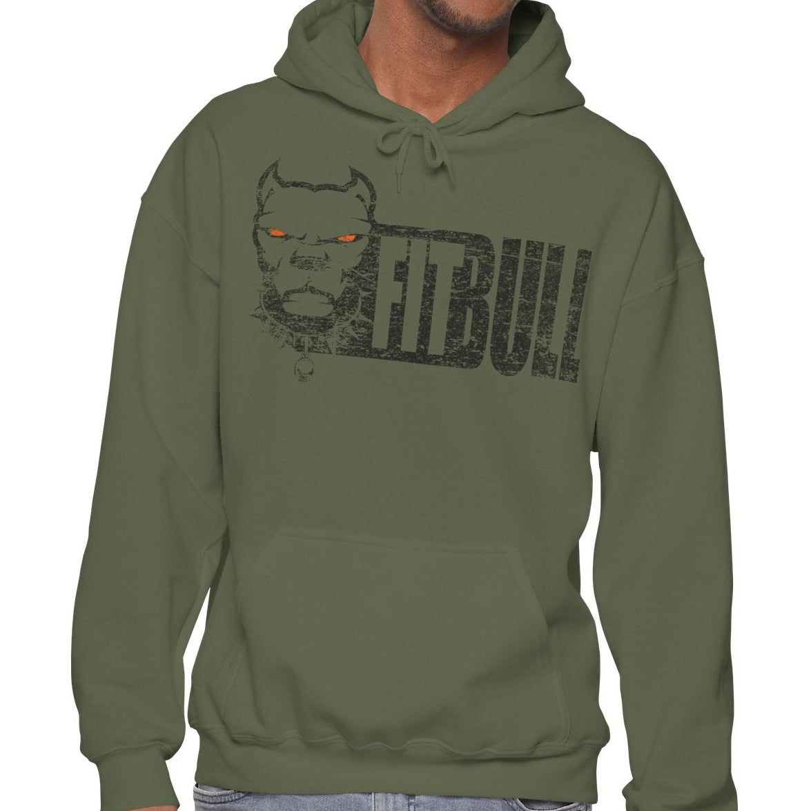 Man wearing a green Fitbull hoodie with text on a white background