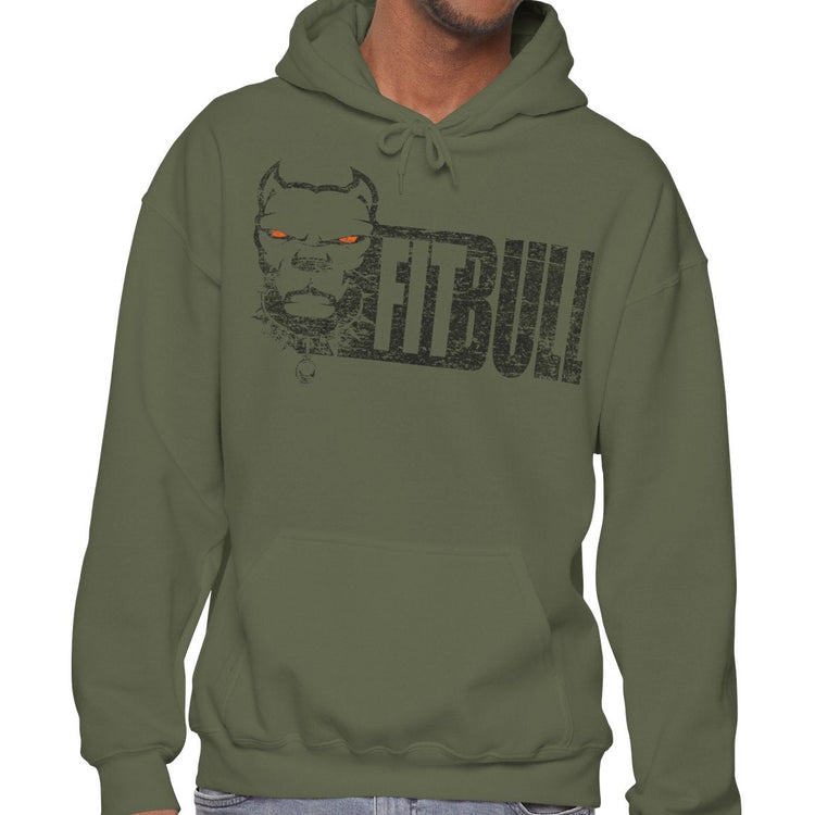 Man wearing a green Fitbull hoodie with text on a white background