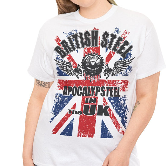 A woman modeling a white graphic t-shirt with a distressed Union Jack design and the text 'BRITISH STEEL' and 'APOCALYPSTER! IN THE UK'.