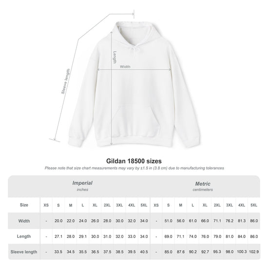 White hoodie with measurement chart on a white background