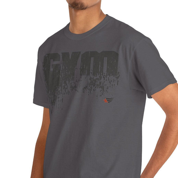Man wearing a gray t-shirt with a graphic design on a white background