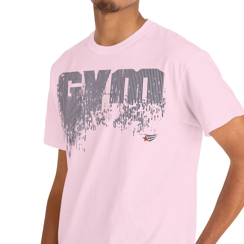 Person wearing a white t-shirt with a graphic design on a white background