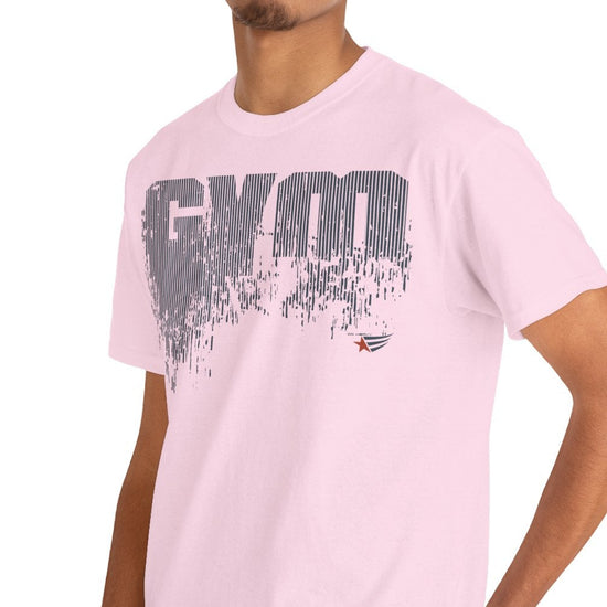 Person wearing a white t-shirt with a graphic design on a white background
