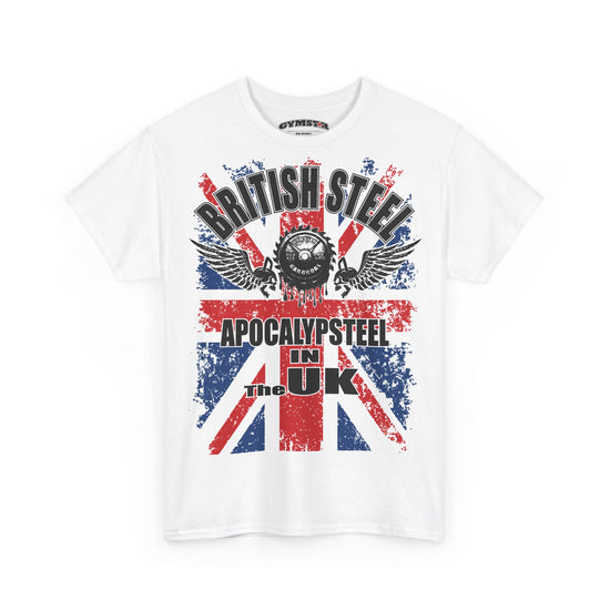 A white short-sleeve crewneck t-shirt featuring a distressed graphic print of the Union Jack flag in red, white, and blue, with the text 'BRITISH STEEL', 'APOCALYPSE STEEL', and 'The UK' in black.