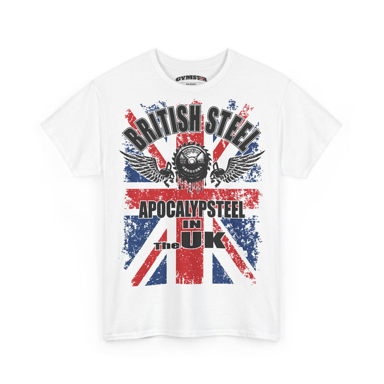 A white short-sleeve crewneck t-shirt featuring a distressed graphic print of the Union Jack flag in red, white, and blue, with the text 'BRITISH STEEL', 'APOCALYPSE STEEL', and 'The UK' in black.