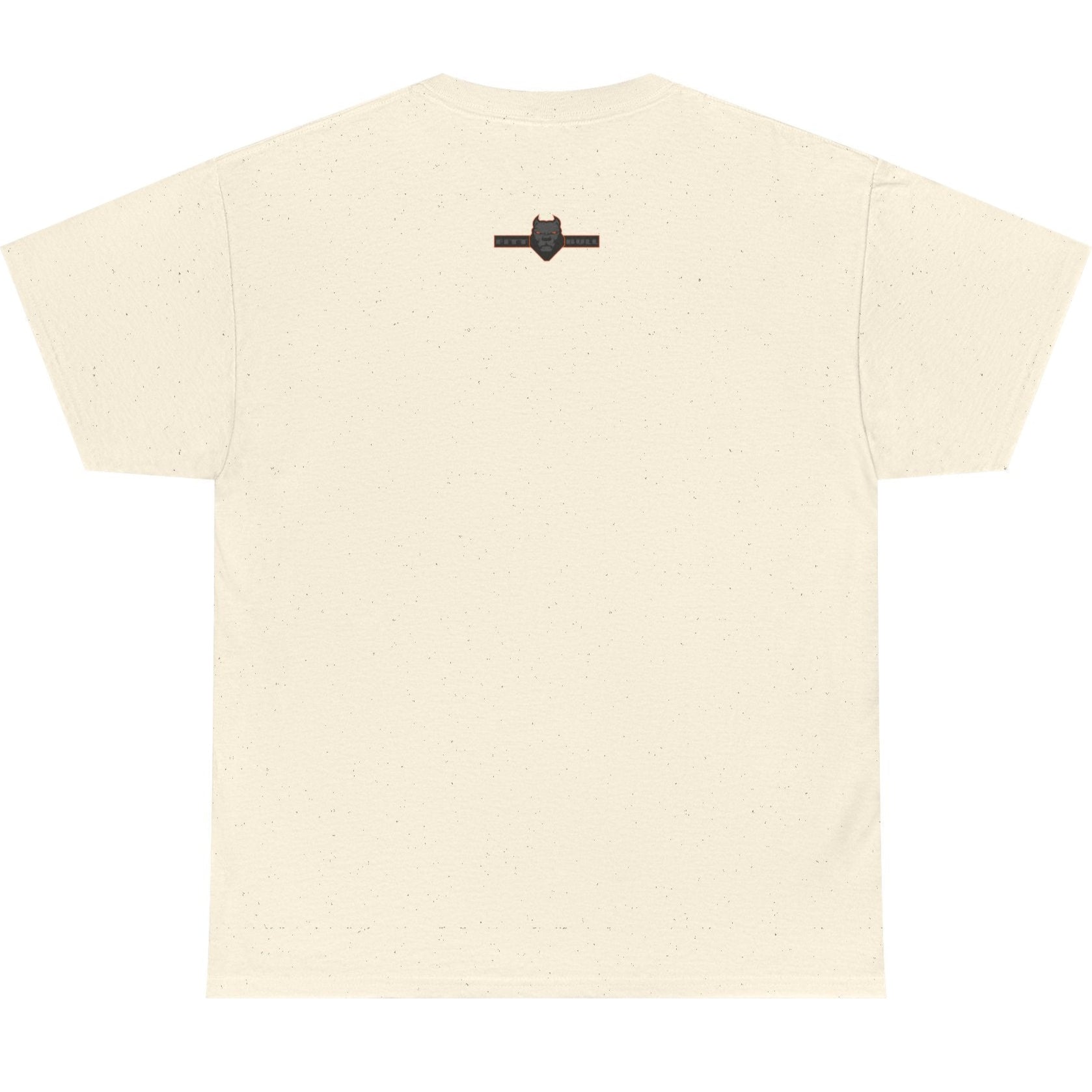 Beige t-shirt with a black logo on a white background
