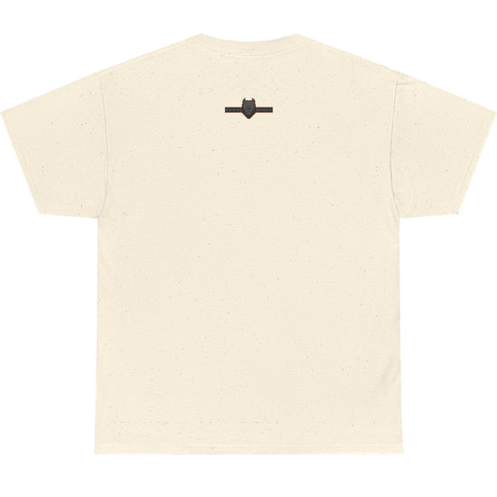 Beige t-shirt with a black logo on a white background