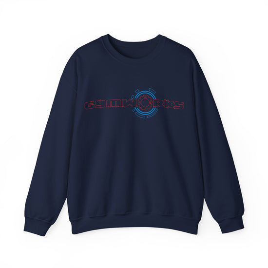 Navy blue Gymworks sweatshirt with 'Overthinker' logo on a white background
