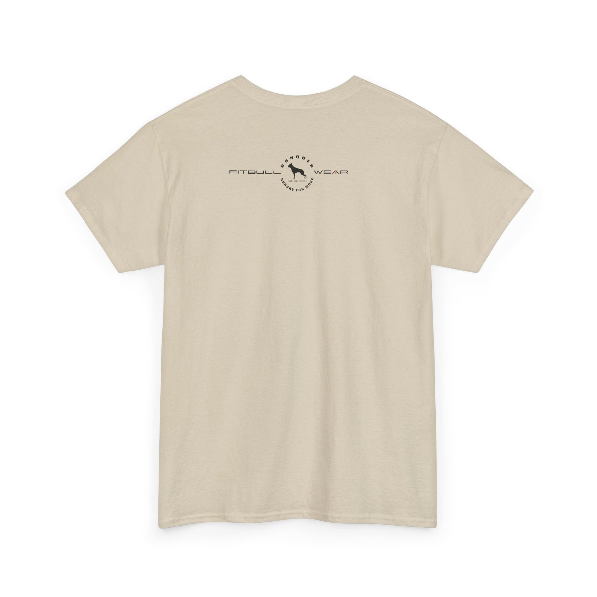 Beige FITBULL fitness t-shirt with a logo on the back on a white background