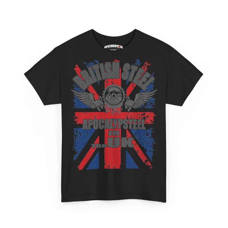 A black short-sleeve graphic t-shirt featuring a distressed Union Jack design in red and blue with a central skull wearing aviator goggles and the text 'BRITISH STEEL' and 'APOCALYPSE STEEL'. The neck label shows the brand 'GYMNOSTHENIC'.