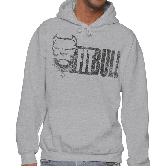 Man wearing a gray Fitbull hoodie with a logo and text on a white background
