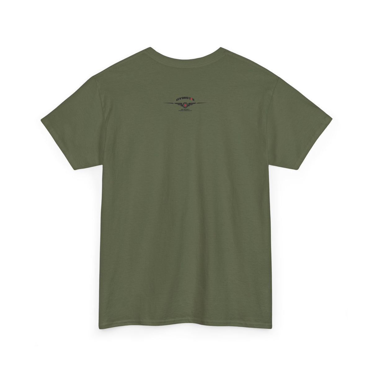 An olive green short-sleeve crewneck t-shirt shown from the back, laid flat against a solid white background.