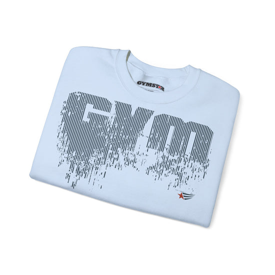 A folded white Gymstar t-shirt with a large gray distressed 'GYM' graphic on the front, displayed on a clean white background.