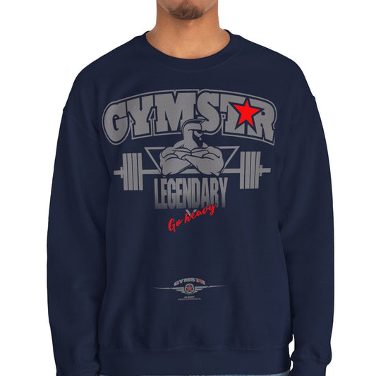 Person wearing a navy blue sweatshirt with 'GYMSTAR' graphic design on a white background