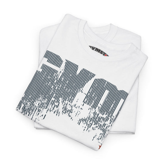 A folded white t-shirt with a large, stylized dark gray graphic print on the front, displayed on a clean white background.