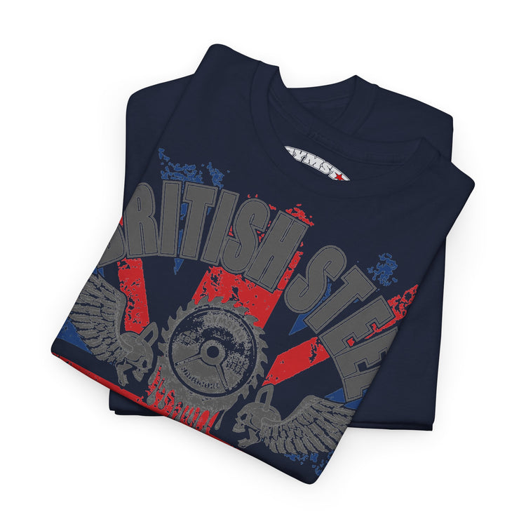 A folded navy blue t-shirt with a distressed graphic print featuring the words 'BRITISH STEEL' in gray, a red and blue Union Jack flag, and a central gear emblem, displayed on a clean white background.