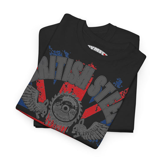 A folded black t-shirt featuring a distressed graphic print with the words 'BRITISH STEEL' in gray, a red and blue sunburst background, and a central gear emblem with wings, shown on a plain white background.