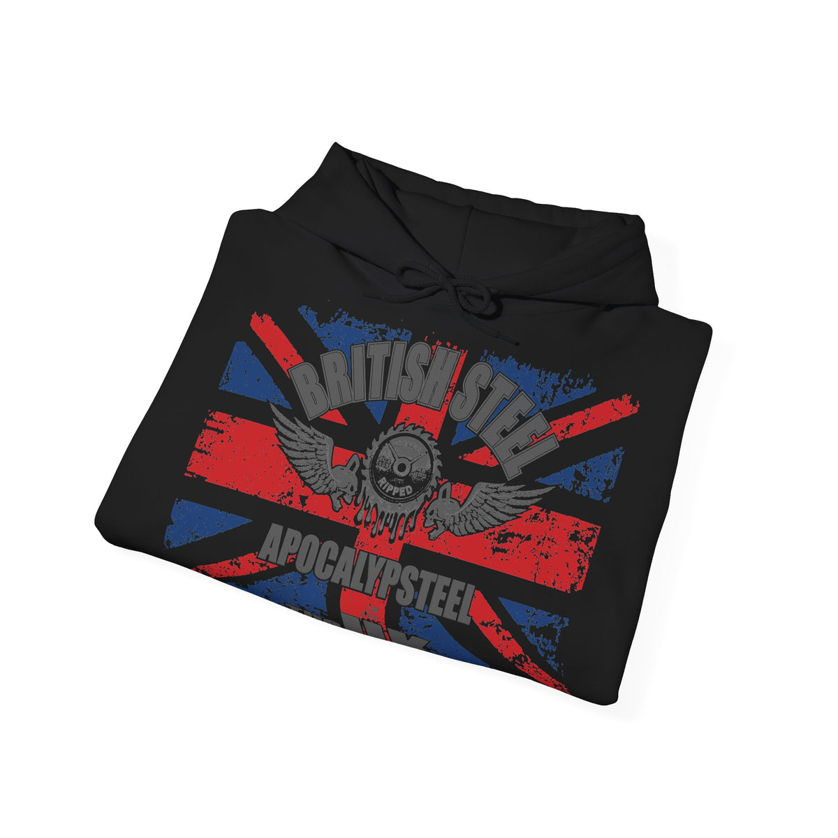 A black pullover hoodie with a distressed Union Jack graphic and a central skull emblem, featuring the text 'BRITISH STEEL' and 'APOCALYPSTER'.