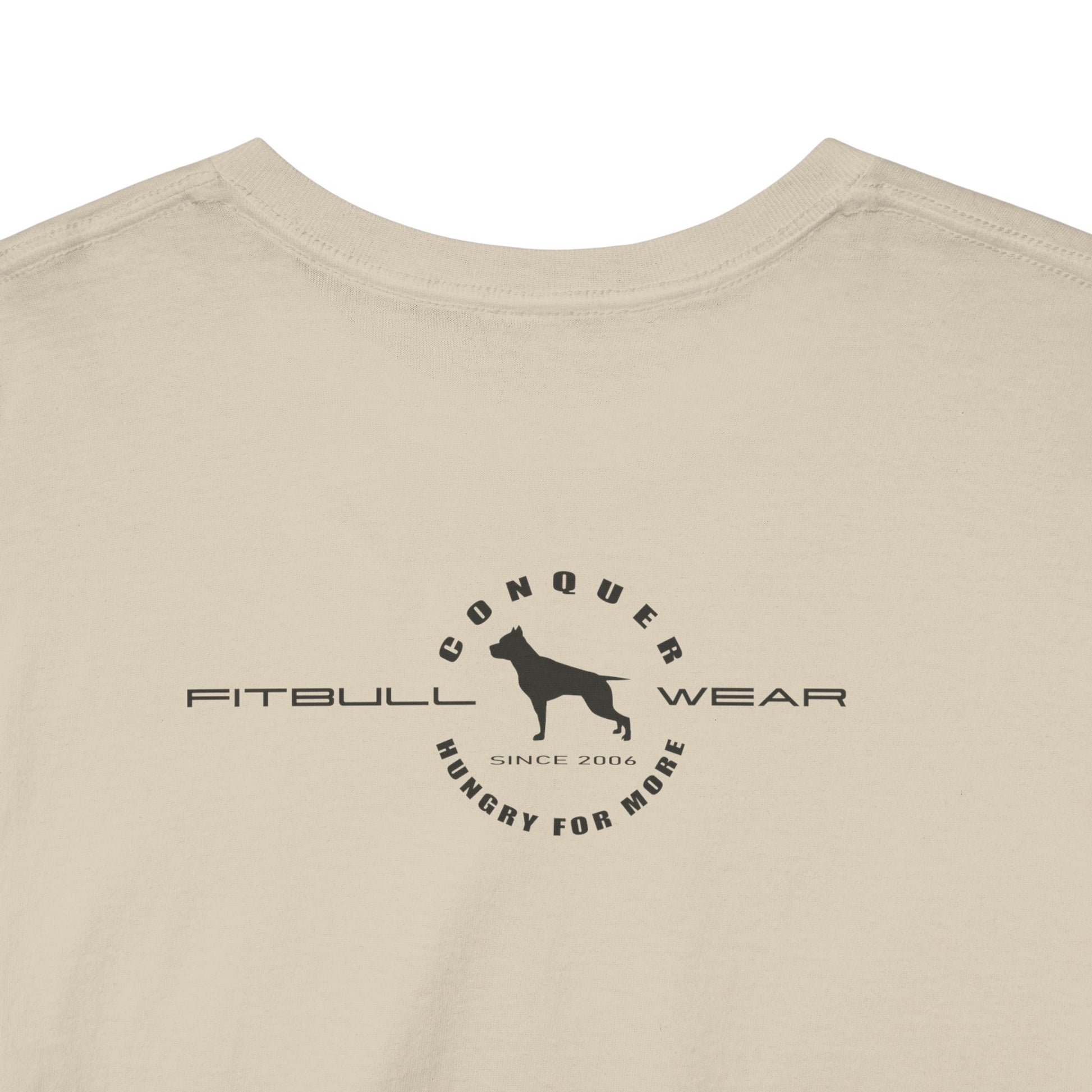 Beige shirt with black logo and text on a white background