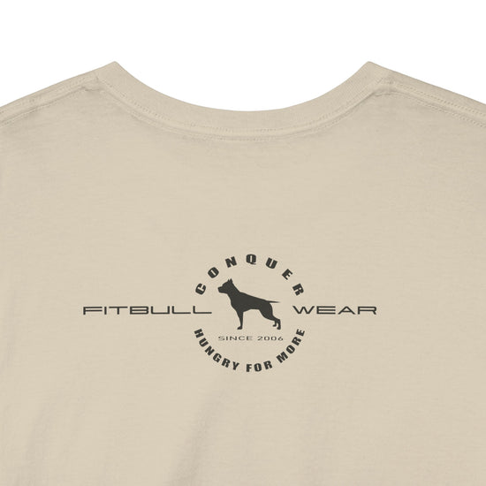 Beige shirt with black logo and text on a white background