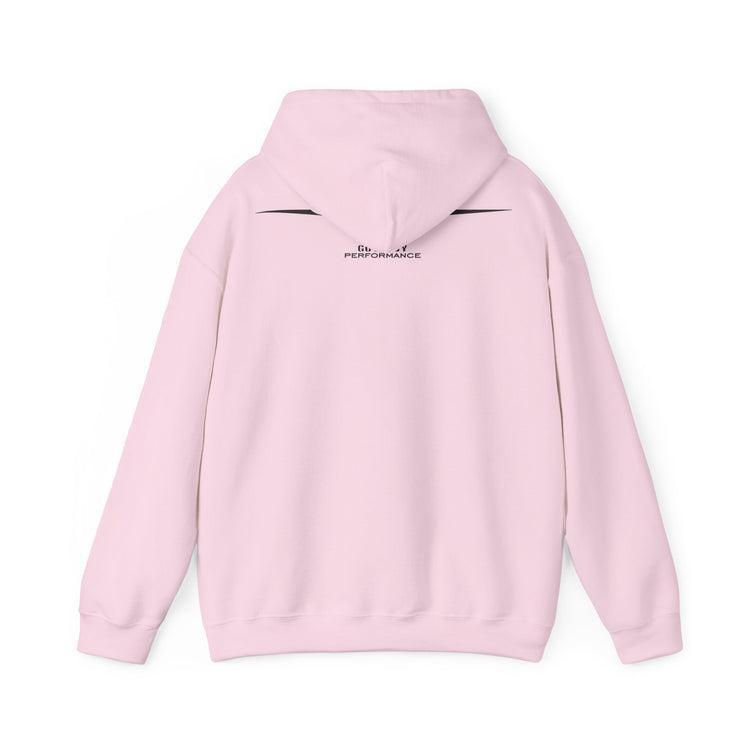Pink hoodie with text on the back against a white background