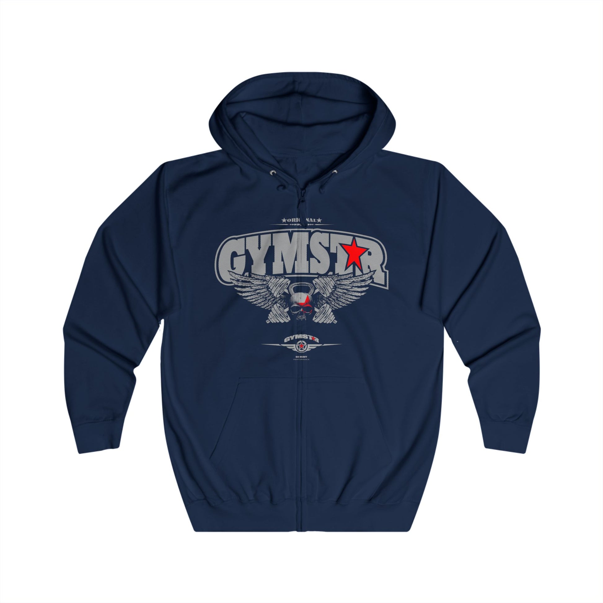Navy blue hoodie with 'GYMSTAR' logo on a white background