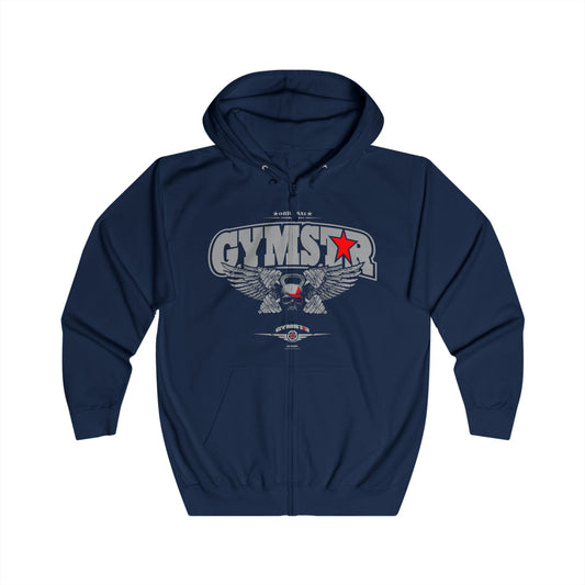 Navy blue hoodie with 'GYMSTAR' logo on a white background