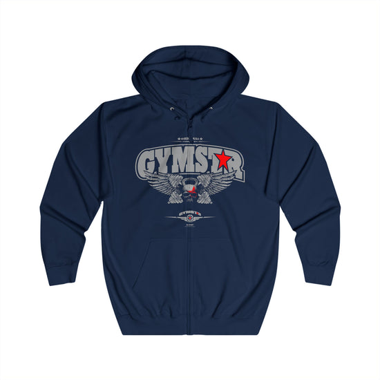 Navy blue hoodie with 'GYMSTAR' logo on a white background