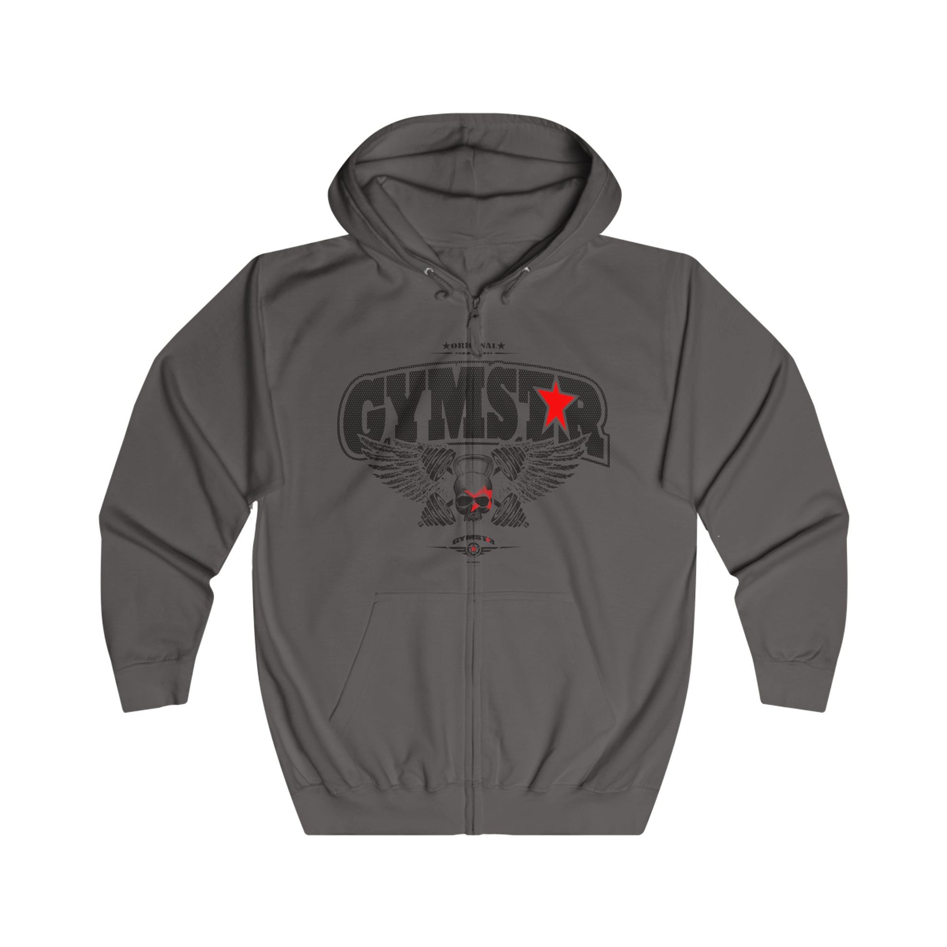 Gray hoodie with 'GYMSTAR' graphic design on a white background