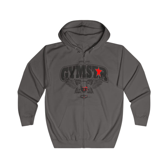Gray hoodie with 'GYMSTAR' graphic design on a white background